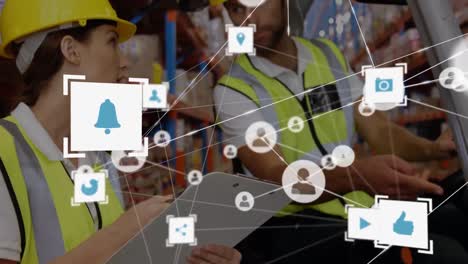 animation of network of connections over diverse workers in warehouse