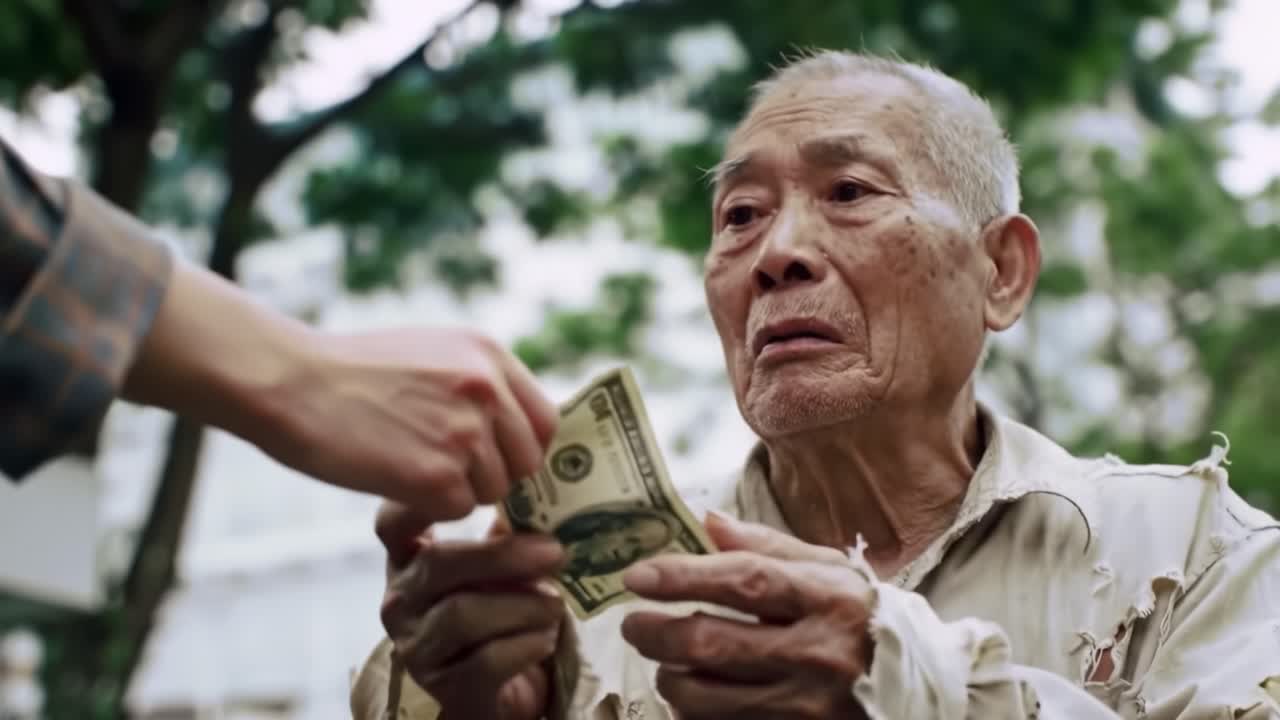 An elderly man with a distressed expression receives a bill from a stranger's hand amidst a bustling city backdrop. Compassion and support are evident in this heartwarming interaction.