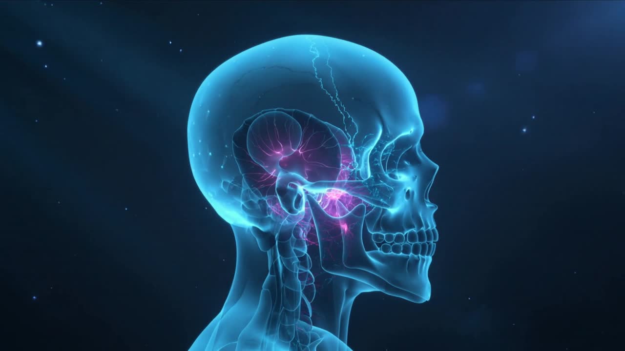 Crânio pulsante, coluna cervical reagindo a um brilho rosa, enviando sinal neural ao tronco cerebral em estúdio.