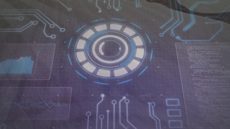 Futuristic digital interface with circuit patterns and data processing animation