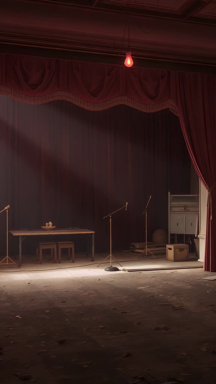 Vertical video: Showing empty stage at theater with mic stands and red bulb, light shafts shifting