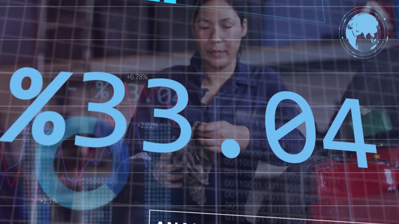 animación del procesamiento de datos financieros sobre una mecánica de automóviles biracial