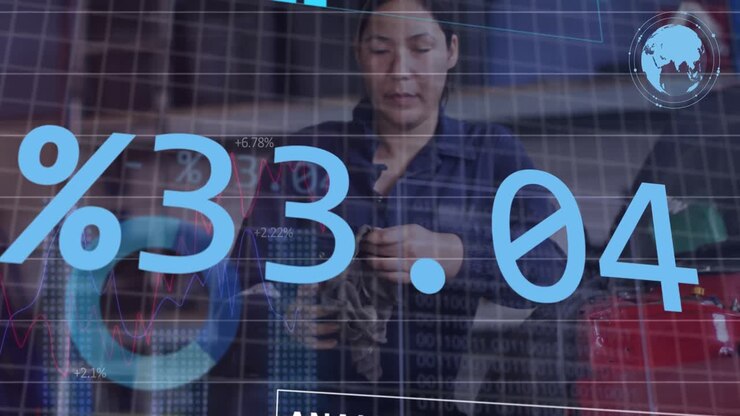 Animation of financial data processing over biracial female car mechanic