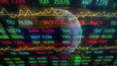 animation of data processing, globe and graphs over flag of colombia on black background