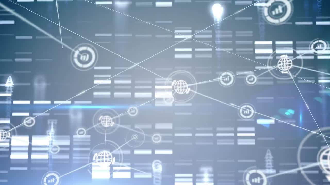 animación de la red de conexiones con iconos sobre fondo azul