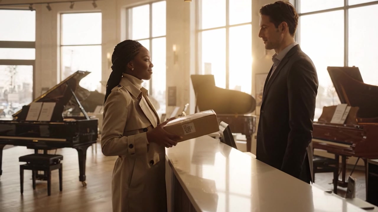A woman in a trench coat interacts with a man at a piano store, exchanging a package while sunlight streams through the large windows, creating a warm ambiance.