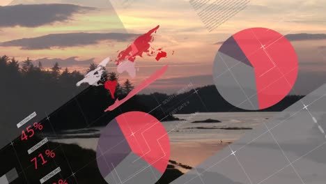 animation of graphs and programming codes moving over scenic view of sea and silhouette mountain