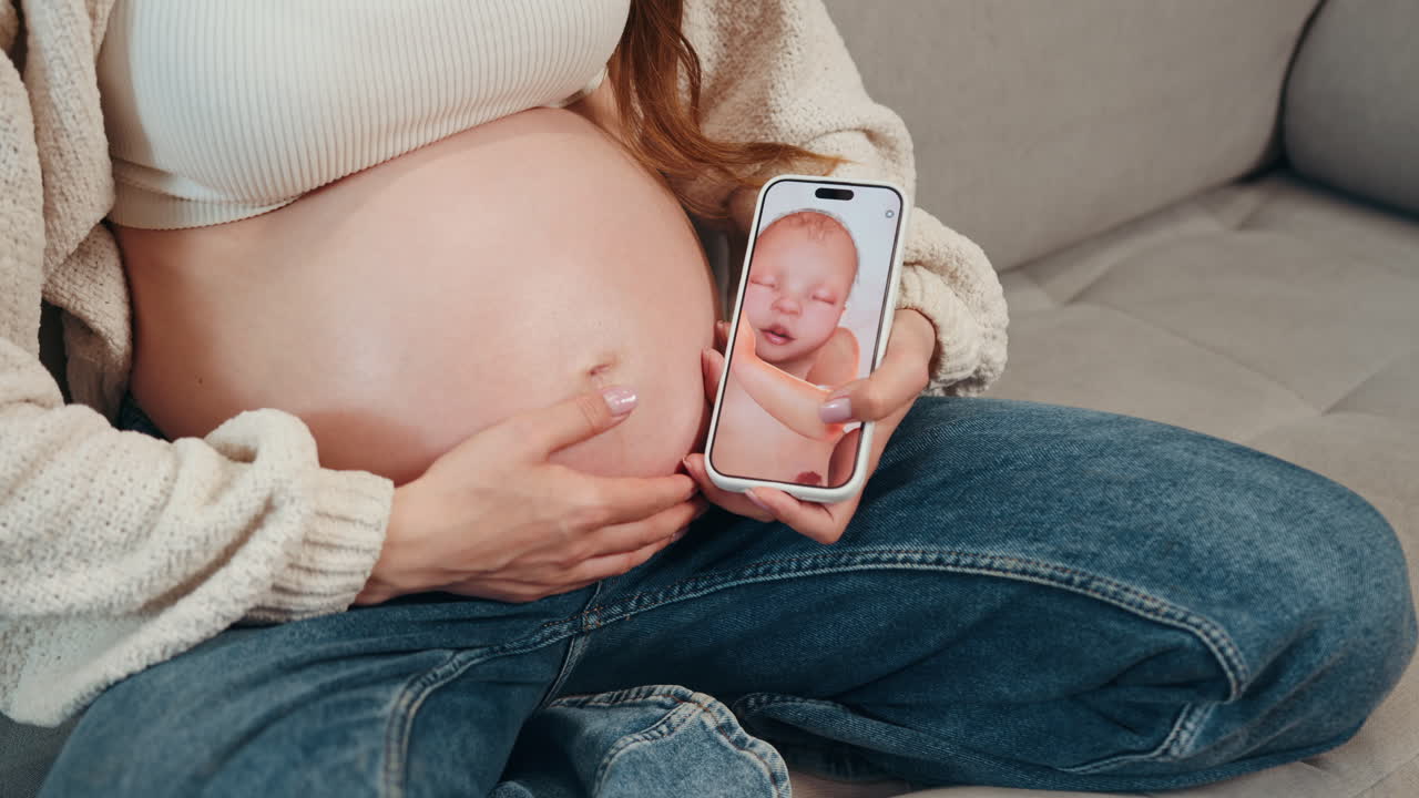 Donna incinta seduta sul divano che tiene in mano un telefono con la foto di un neonato e si accarezza la pancia