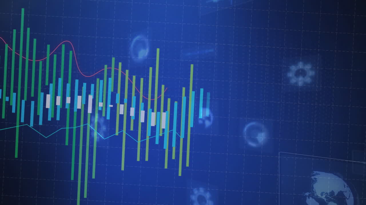 Analytics dashboard showing data bars, trend lines and line chart over grid in flat design