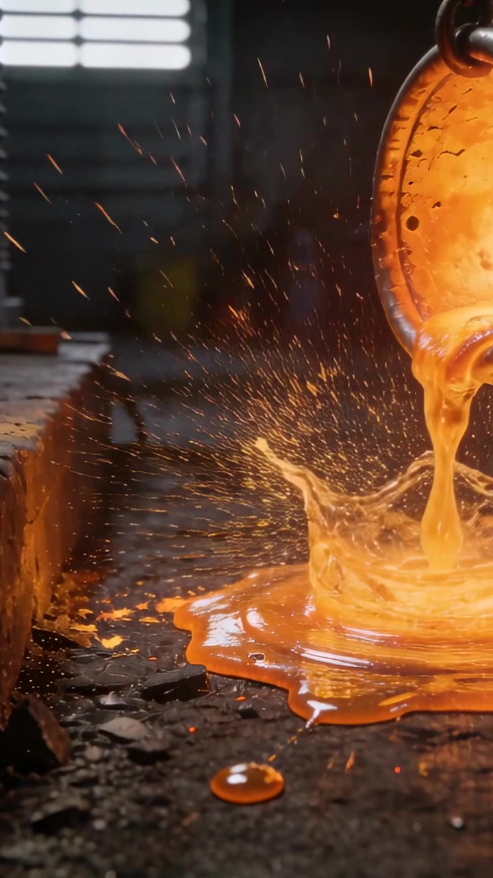 Vertical video: Tilting hoist moving ladle casting molten metal at floor, with sparks, copy space