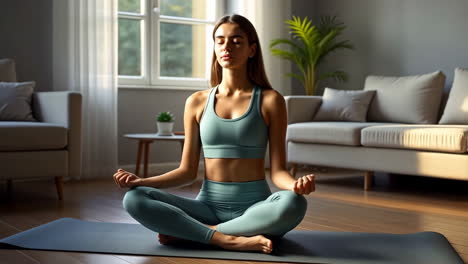 mujer meditando en una postura de yoga en casa