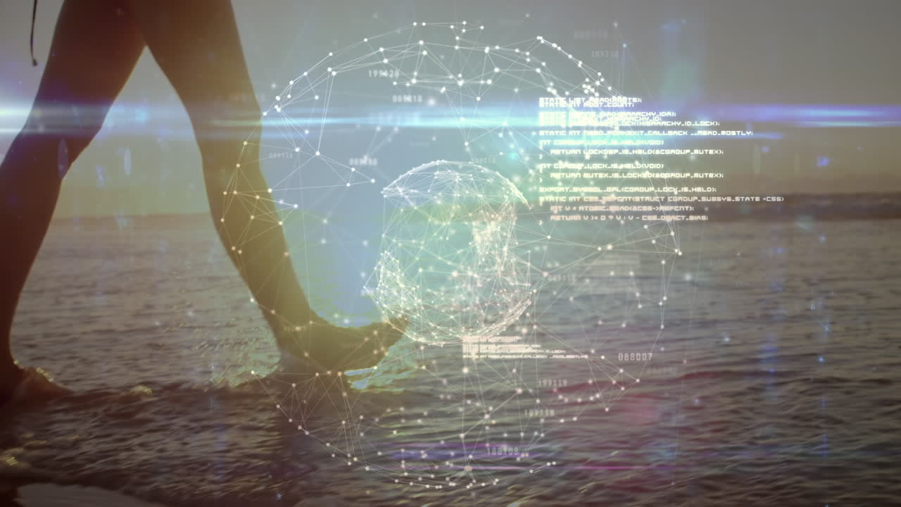 animación de procesamiento de datos sobre mujer caucásica caminando en la playa