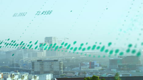animation of data processing against aerial view of cityscape