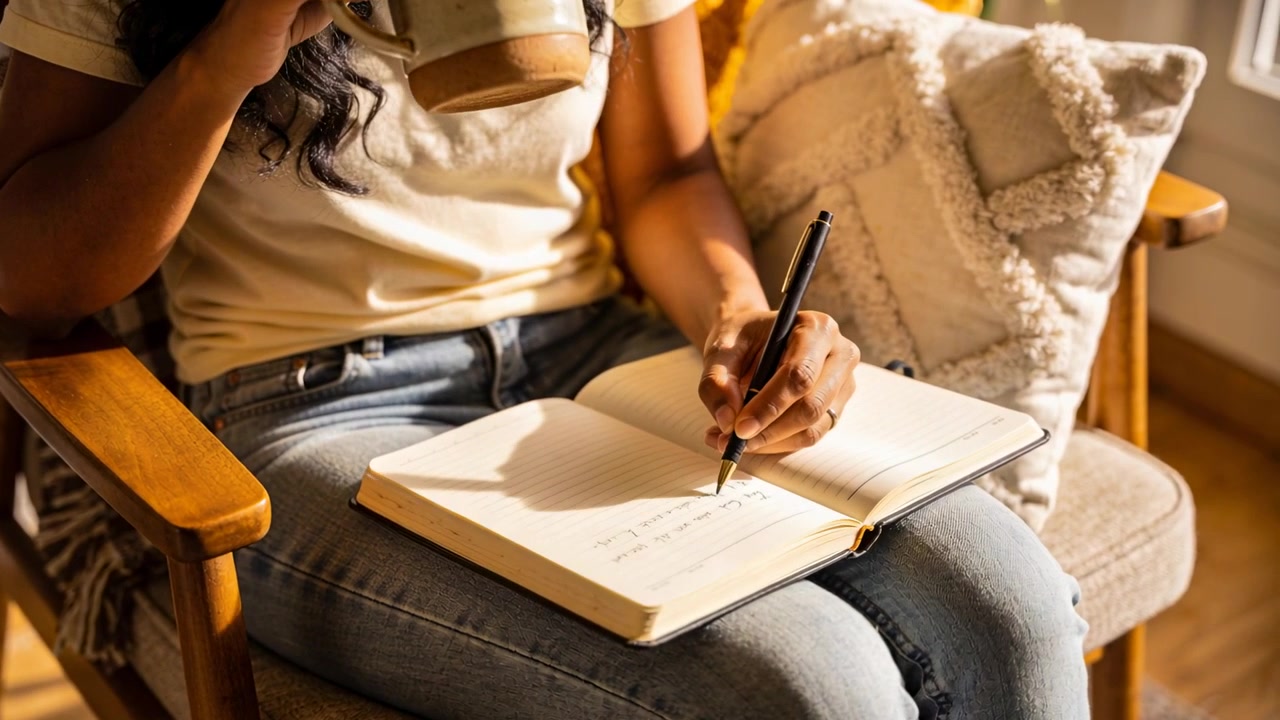 Una tazza che si sposta fa sì che una donna in maglietta e jeans in poltrona interrompa la scrittura, sorseggiando, con la penna sopra il quaderno.