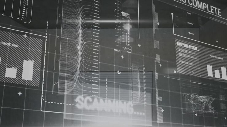 Animation of statistics and data processing on black background