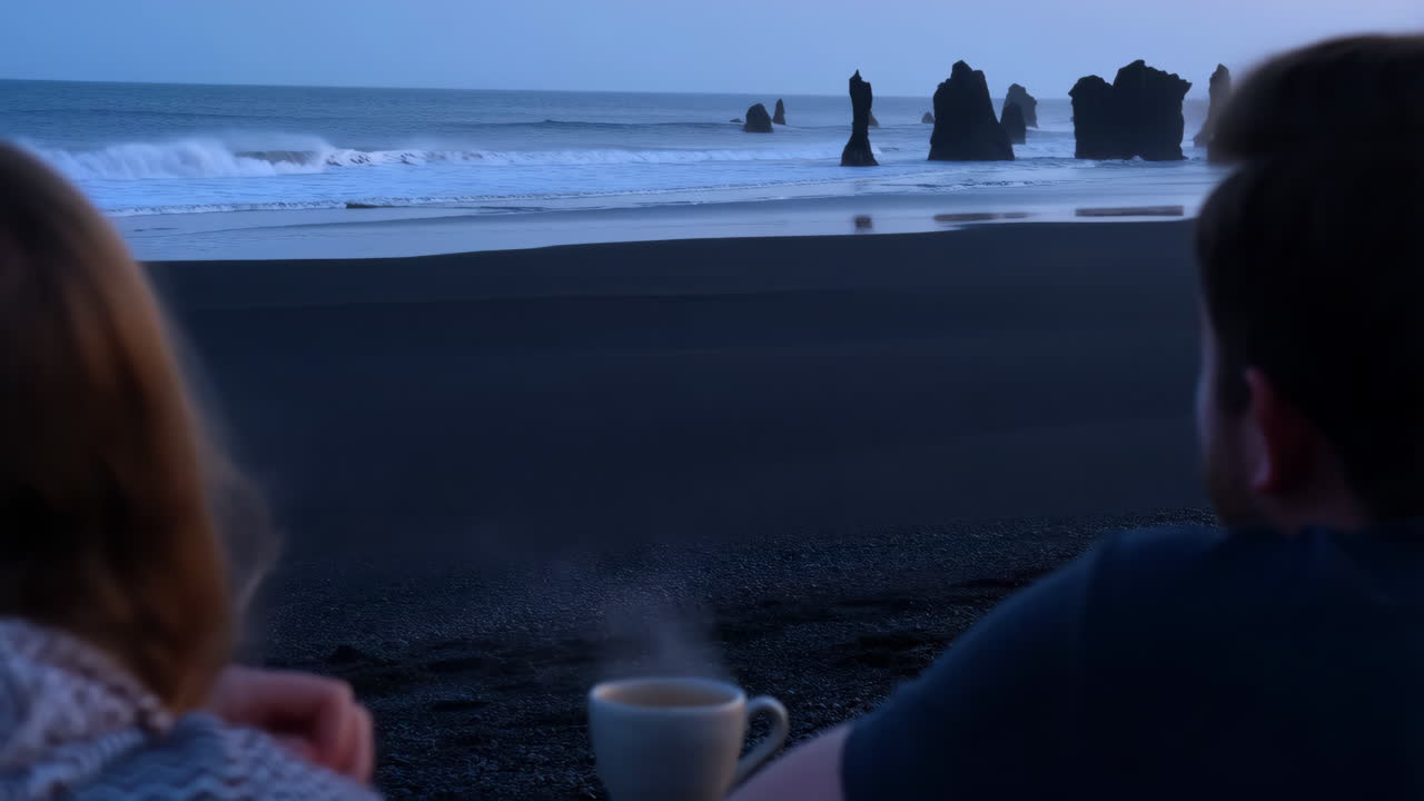 Couple enjoying a hot drink on a black sand beach at twilight