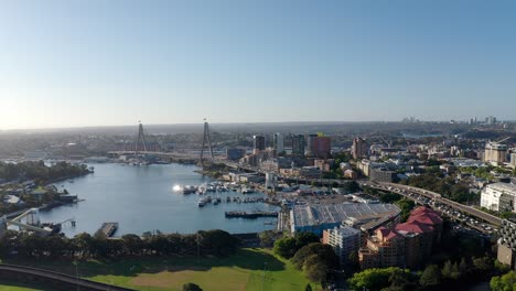 sydney anzac bridge and city skyline at daytime in australia - aerial drone shot