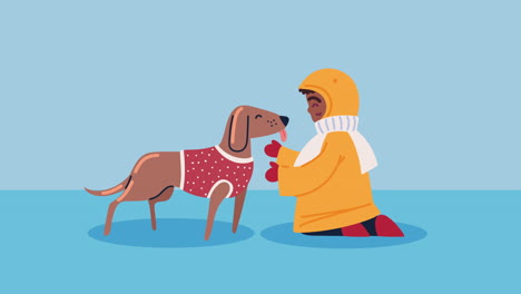 little boy and dog wearing winter clothes