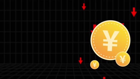 Japanische-Yen-Münze-Mit-Absteigenden-Roten-Pfeilen-Und-Schwarzem-Hintergrund