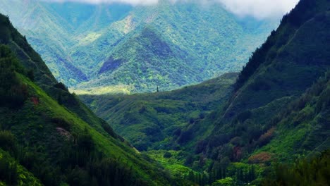 drone ascending from the "v shaped" iao valley revealingthe lush green kahalawai mountain range in west maui, hawaii