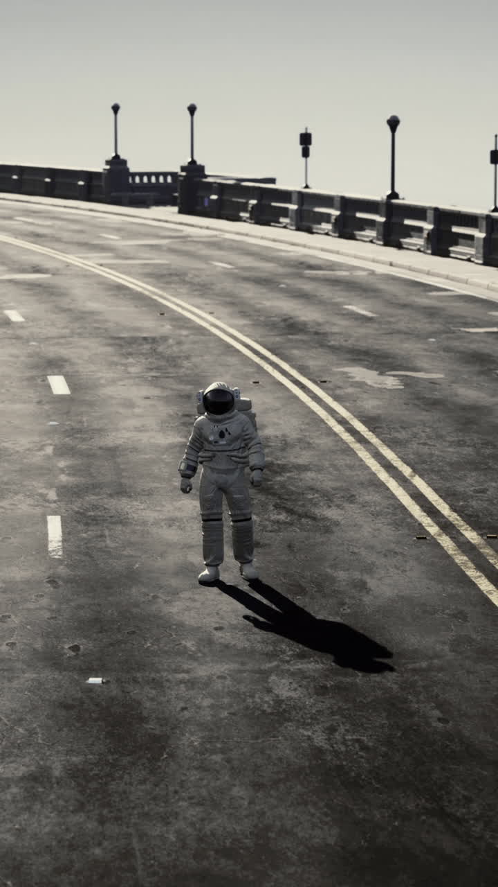 Astronaut walking on an empty road