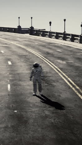 astronaut walking on an empty road