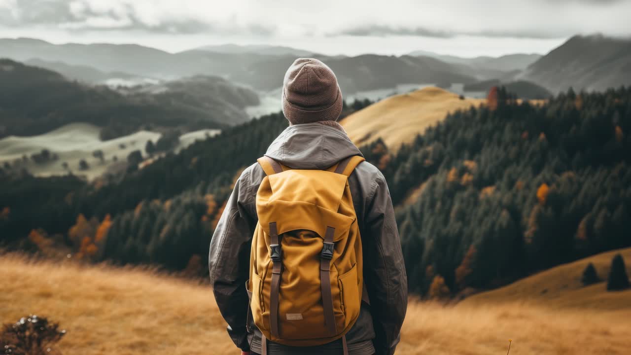 A traveler with a yellow backpack gazes at a vast mountain landscape