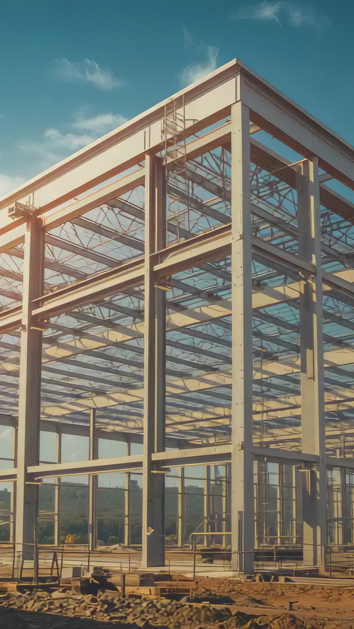 Vertical video: Panning camera showing steel frame rising at construction site to show ladder