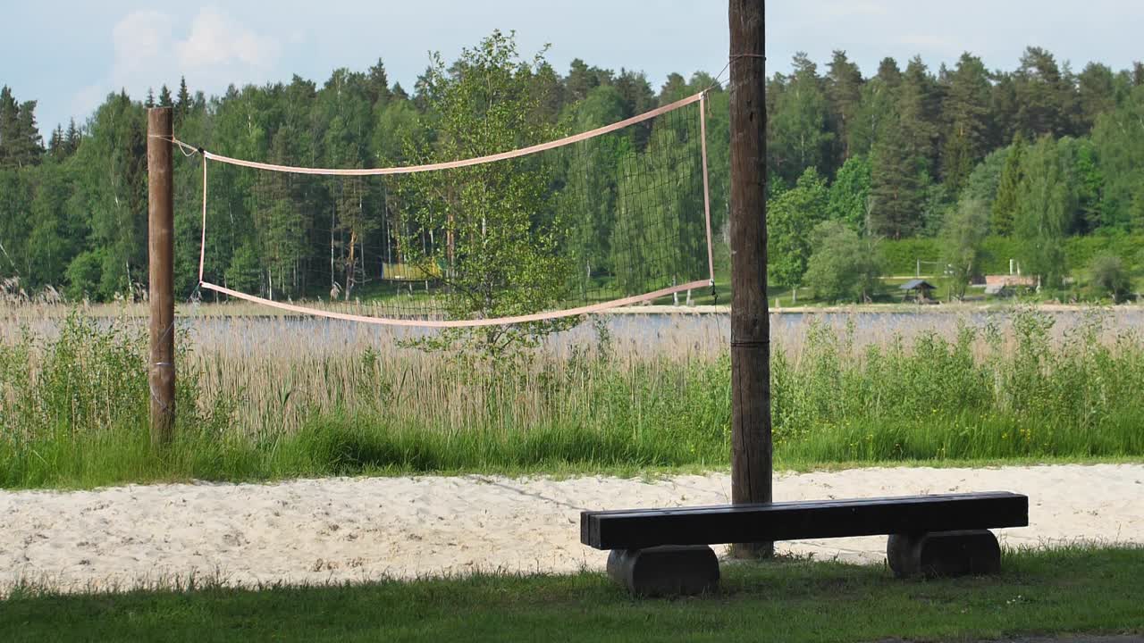 모래 배경 클로즈업에 배구 네트