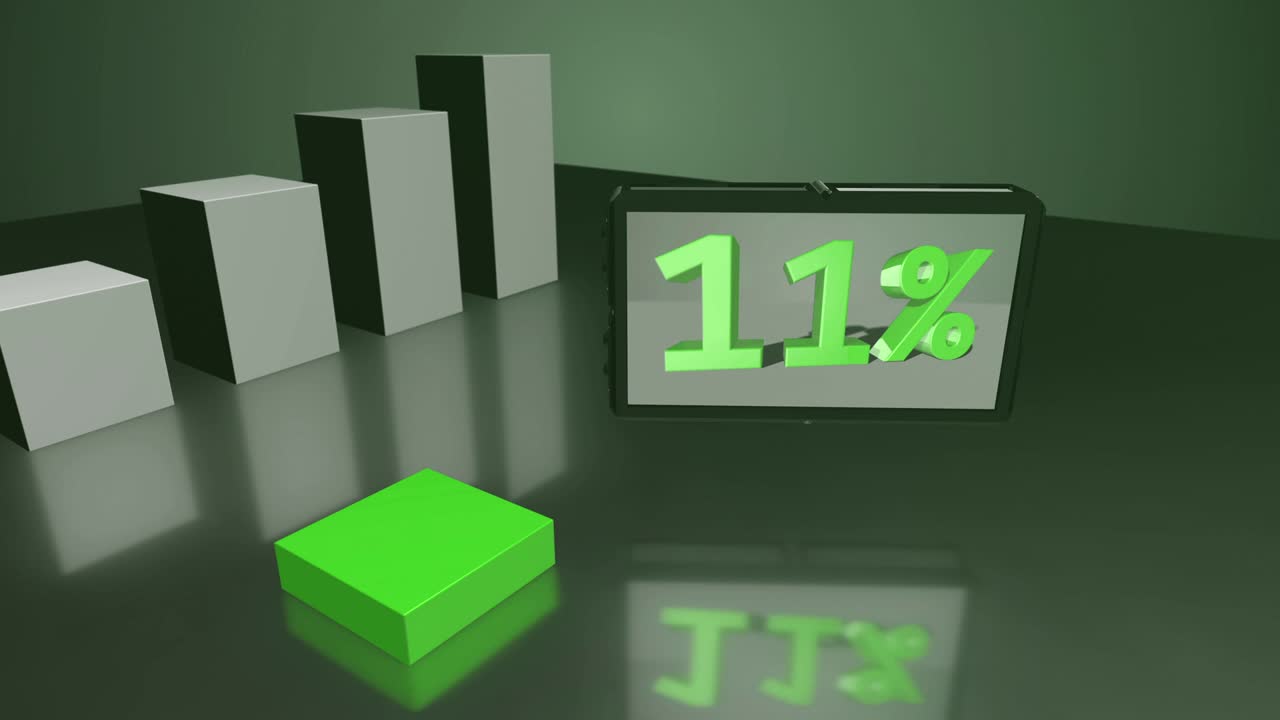 diagrama de barras 3d verde creciente con pantalla hasta el 32%