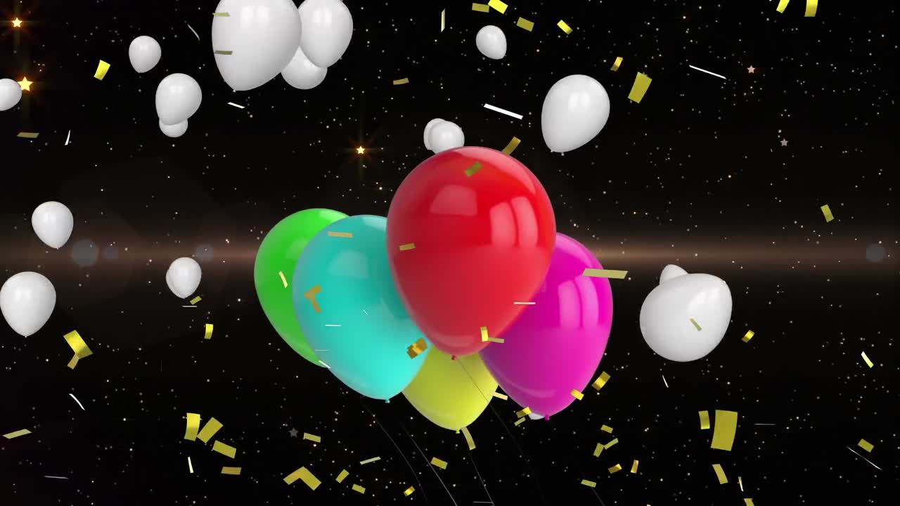 animación de confeti cayendo y globos multicolores volando sobre un fondo negro