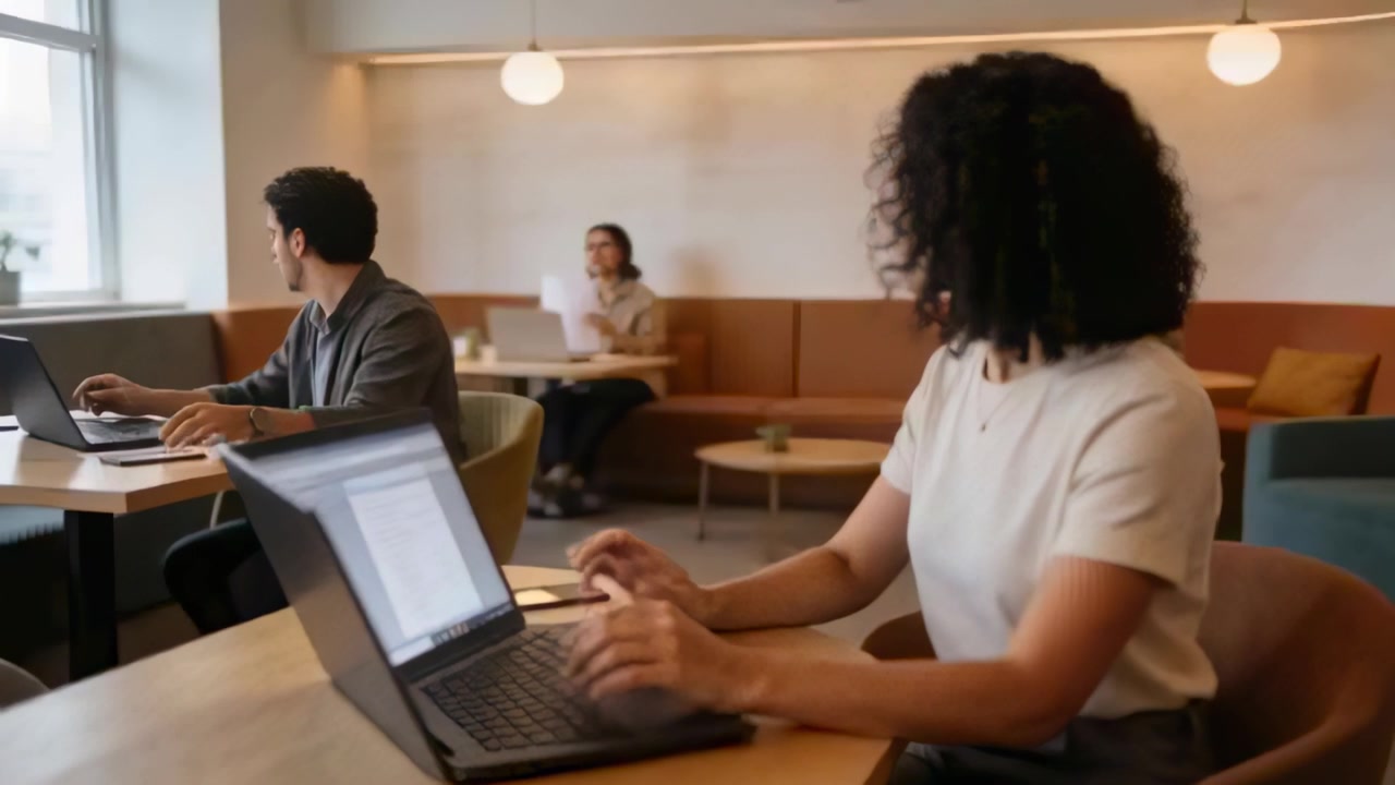 Noticing movement outside, woman in jeans pausing, others looking, lifting cup with laptops in cafe