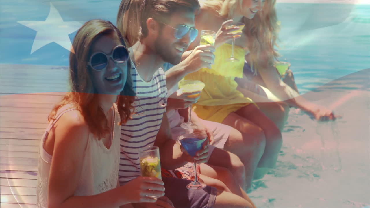 People enjoying drinks by pool with Chilean flag overlay animation