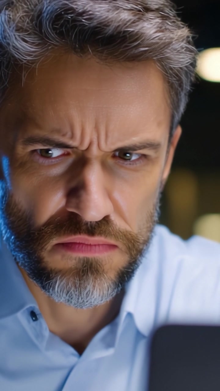 Concentrazione intensa: un individuo che mostra forte concentrazione ed emozioni mentre è impegnato con un dispositivo digitale in un ambiente con poca luce.