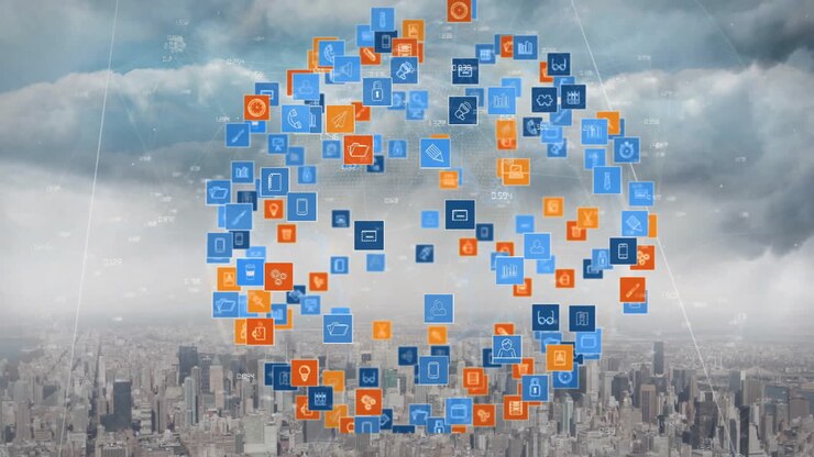 Animazione di un globo con rete di connessioni e icone su paesaggio urbano.