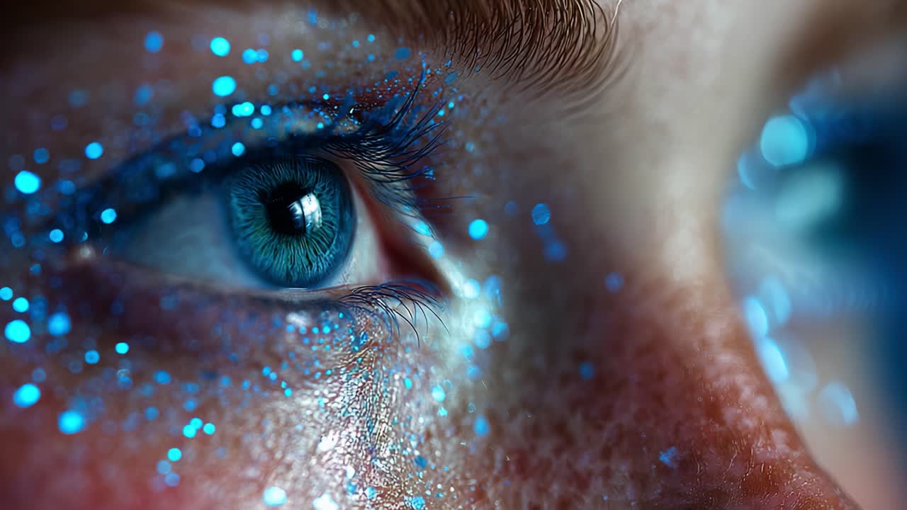 A Close-Up Exploration of a Sparkling Eye with Glittering Blue Accents that Captivate the Viewer, Highlighting the Beauty and Detail in the Unique Features of the Subject's Eye