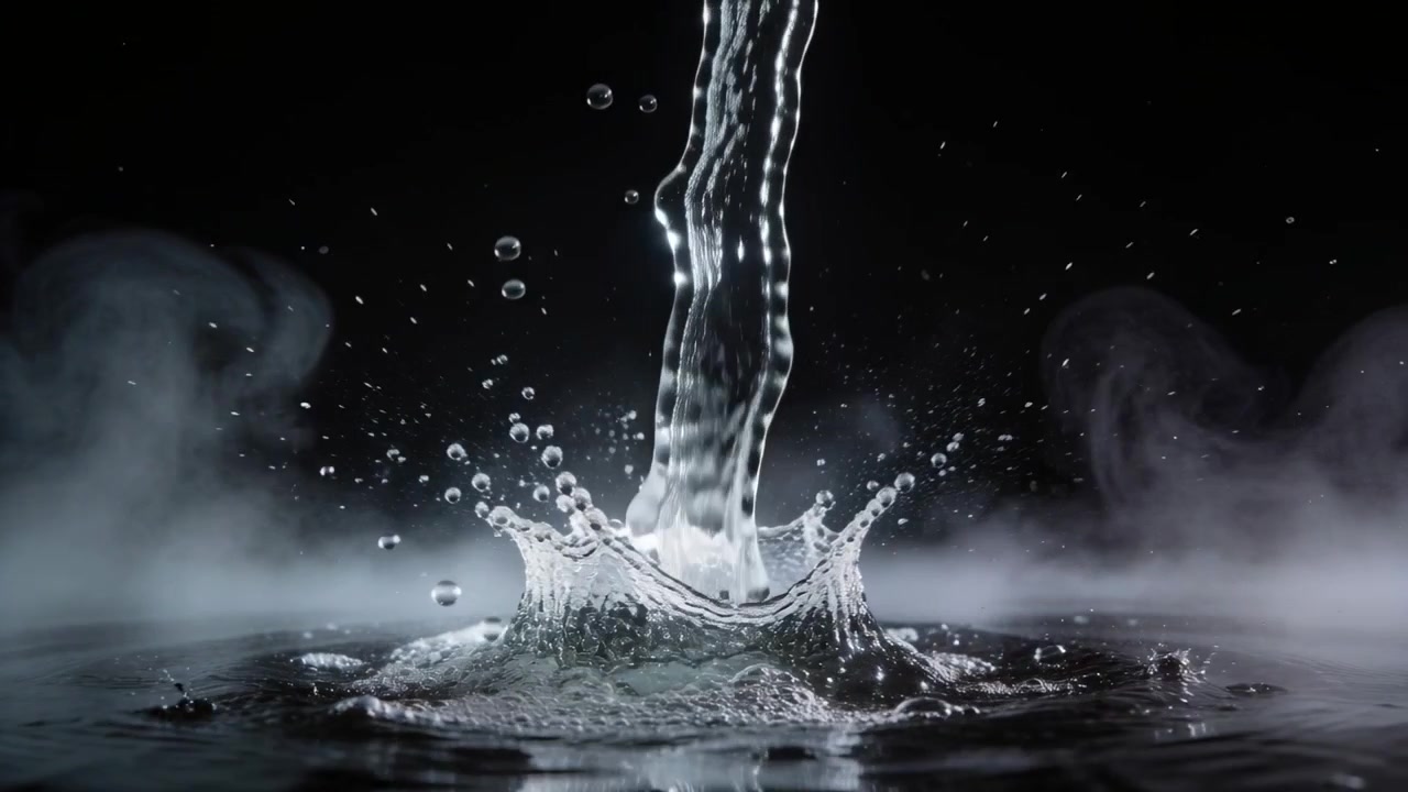 Colonna d'acqua che cade e colpisce una piscina in studio, con una telecamera che filma lo schizzo a corona e lo spruzzo di nebbia per studio.