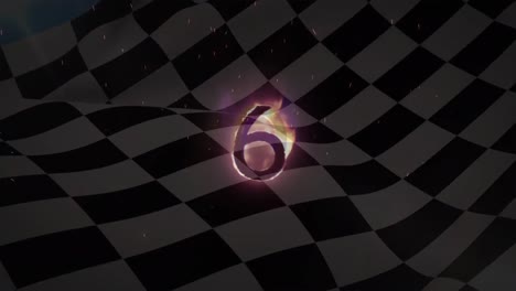 animation of glowing burning number six over waving black and white racing flag