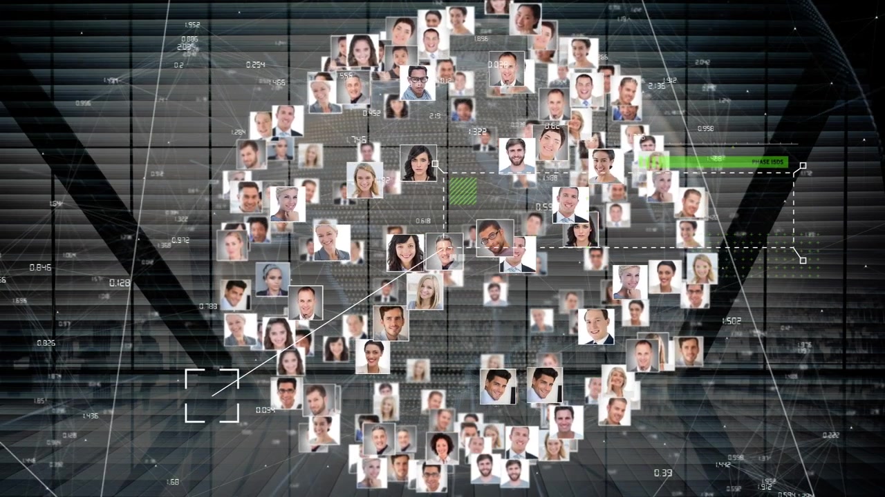 Animation of globe of network of connections with peoples photos
