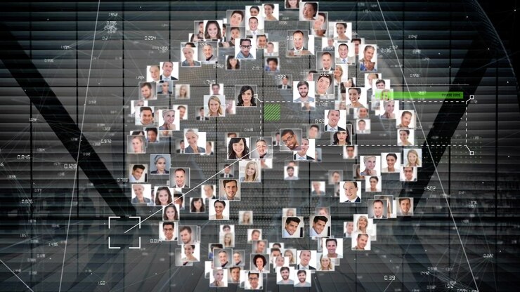 Animation of globe of network of connections with peoples photos