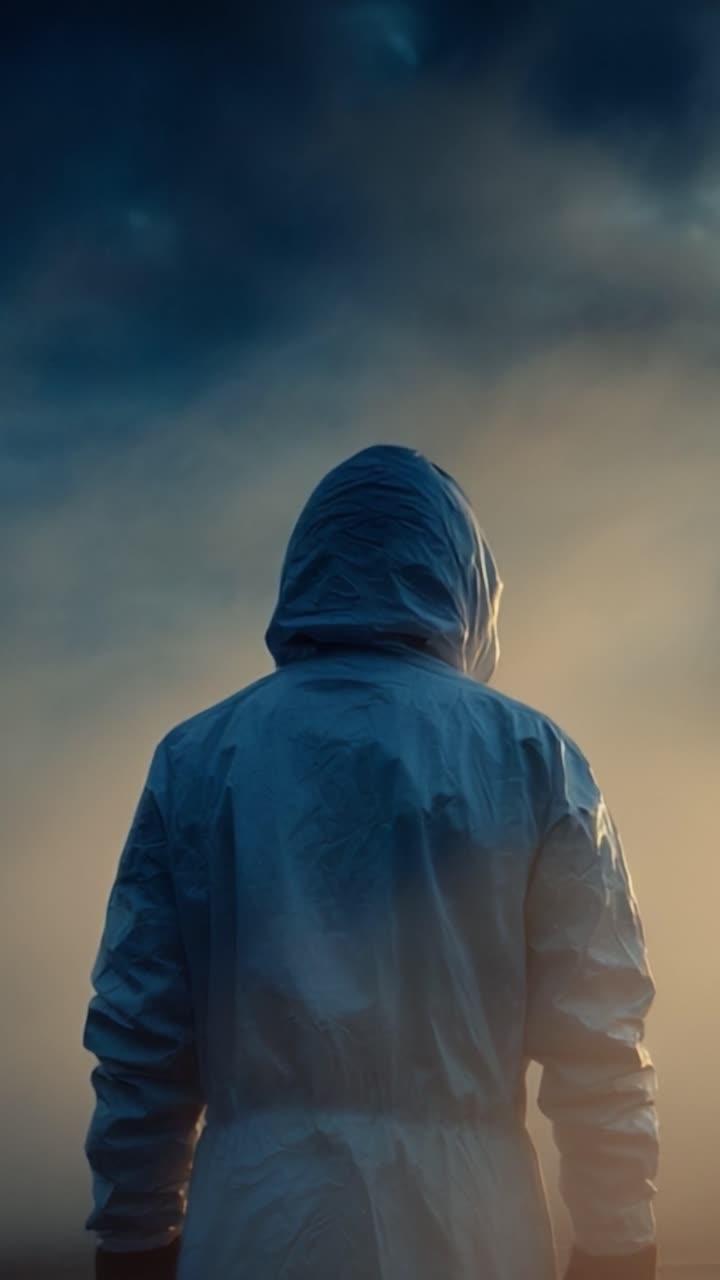 A lone figure in protective gear stands against a dramatic sky, enveloped in mist, symbolizing solitude and resilience in the face of uncertainty and adversity