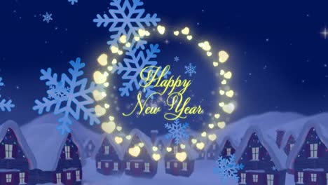 Animation-of-happy-new-year-greetings-text-in-fairy-lights-frame-over-christmas-winter-scenery