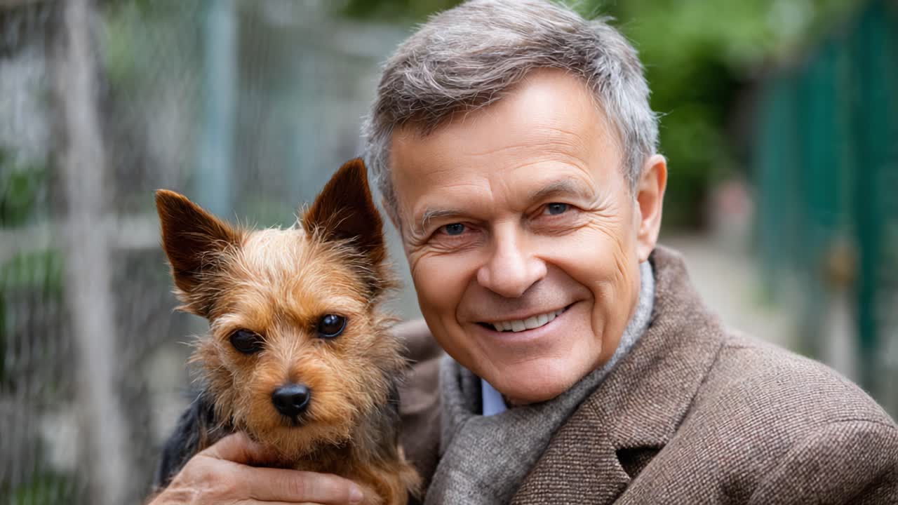 A Heartwarming Bond: A Smiling Man Poses Affectionately with His Adorable Small Dog in a Lush Green Park Setting