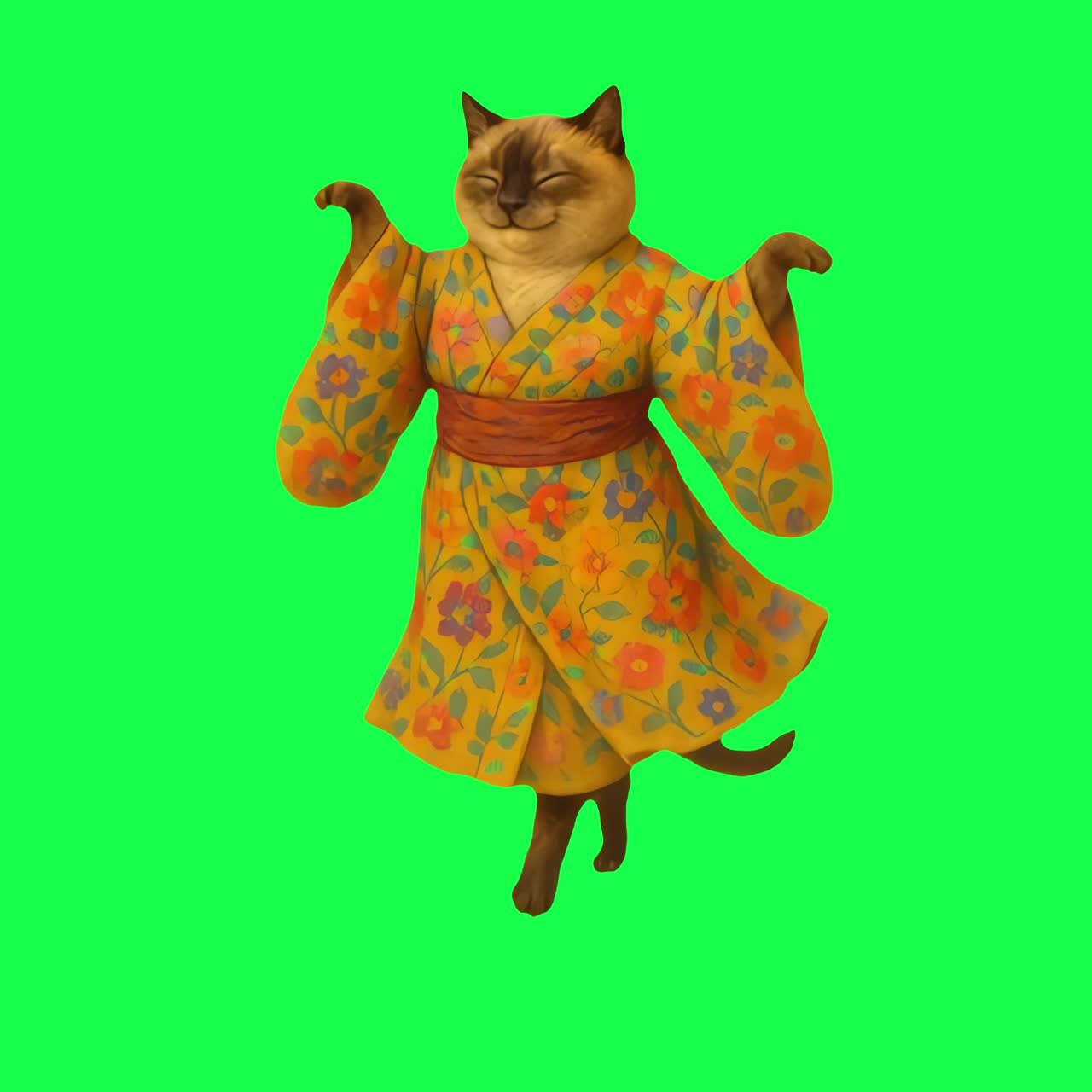 Cat wearing colorful floral kimono animation, transparent 4K video, green screen