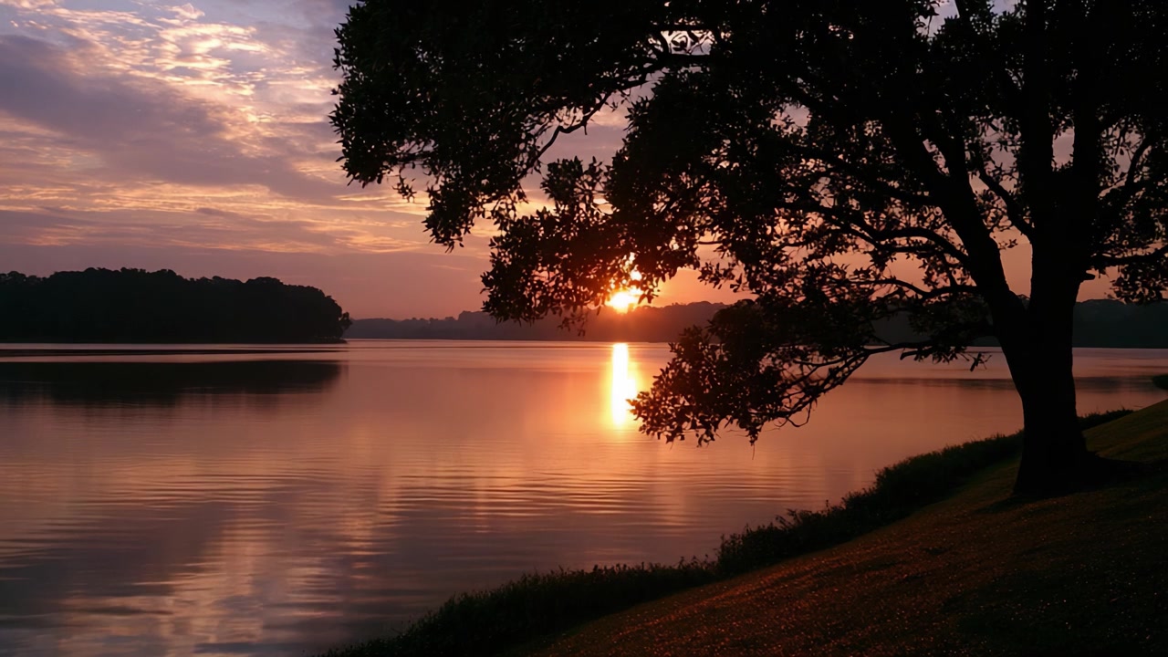 Pôr do Sol Sereno Sobre Água Tranquila: Uma Bela Cena de Entardecer Capturando os Reflexos da Natureza e o Brilho do Crepúsculo Entre Árvores Silhuetadas