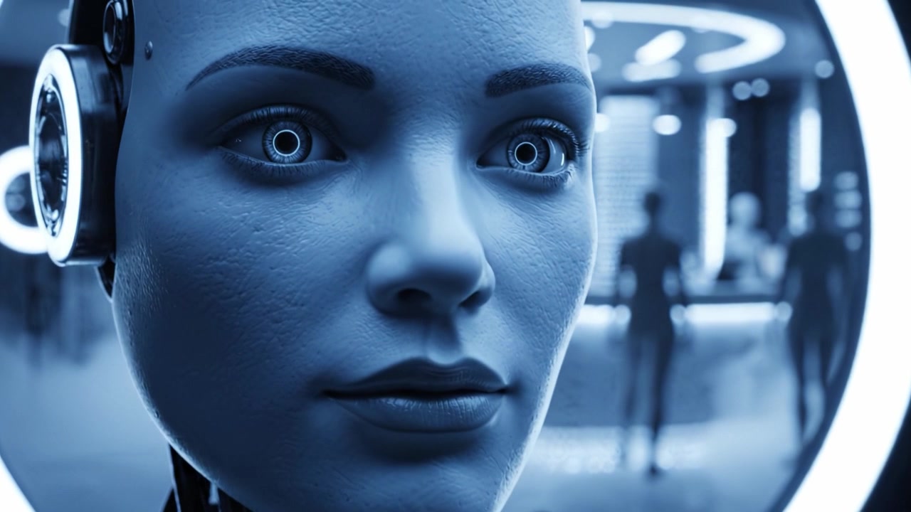 A close-up view of a futuristic humanoid robot showcasing advanced facial features and artificial intelligence in a modern, illuminated environment.