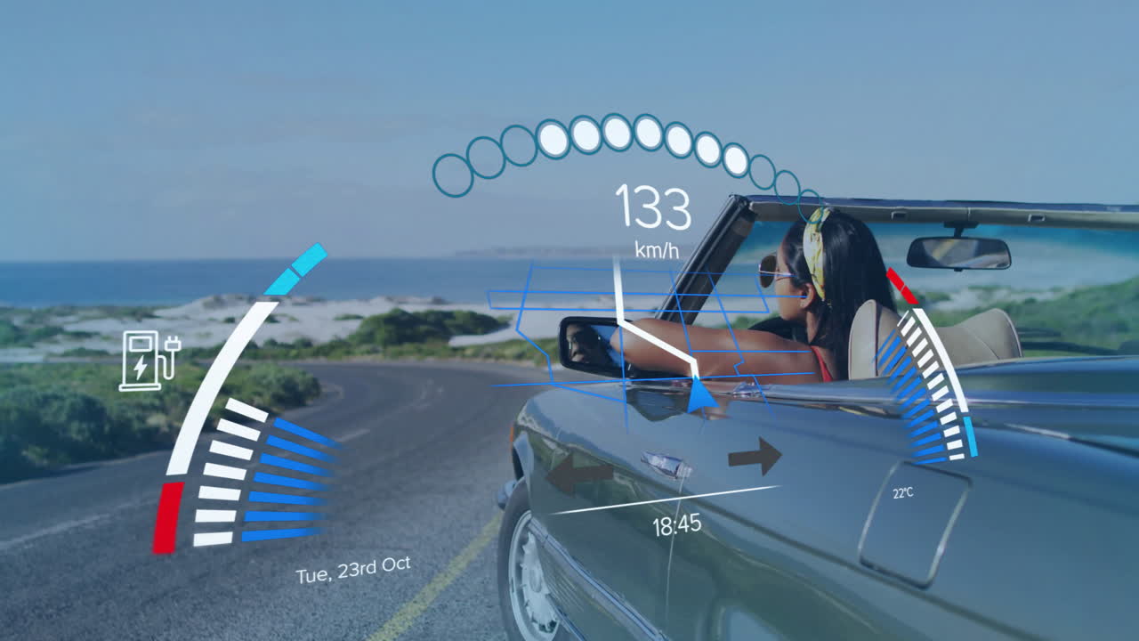 해안 도로를 따라 컨버터블 자동차를 운전, 스피도미터 및 데이터 애니메이션 오버레이