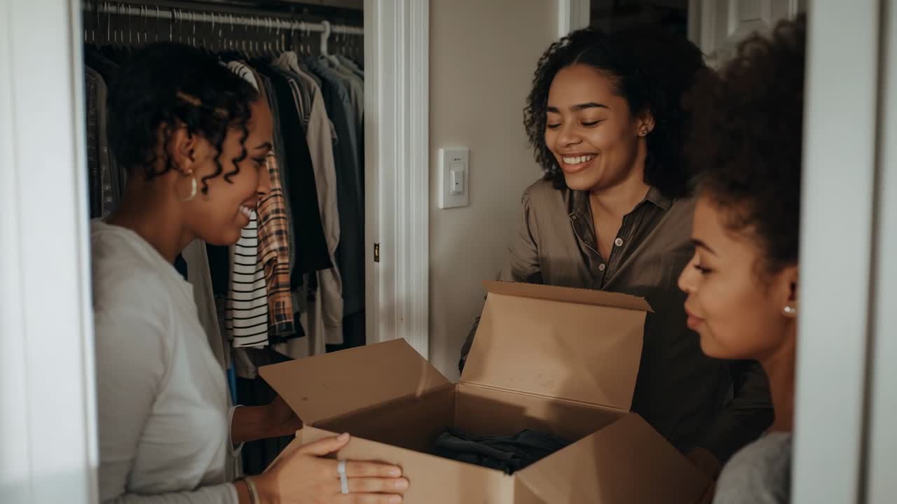 Cardboard box opening drawing three relatives leaning into closet doorway, inspecting folded fabric