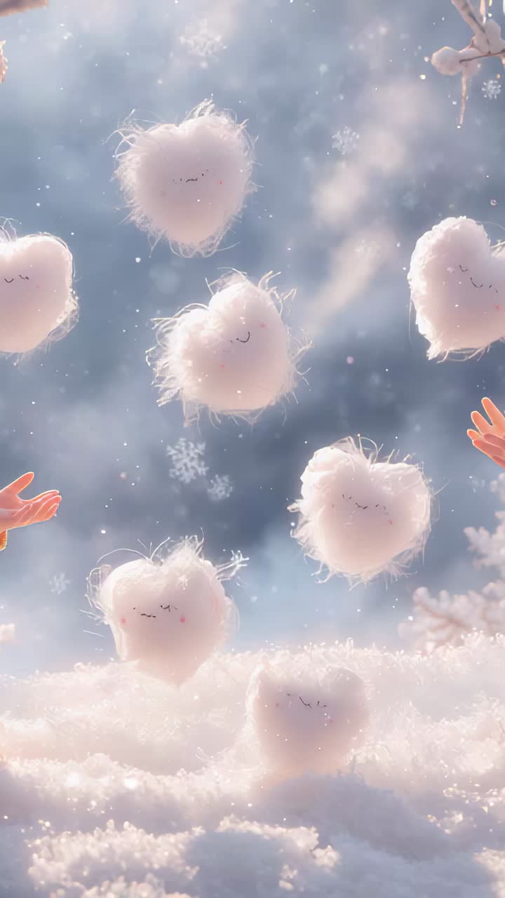 Vertical video: Drifting soft hearts bobbing toward snow to settle, hands gesturing outward