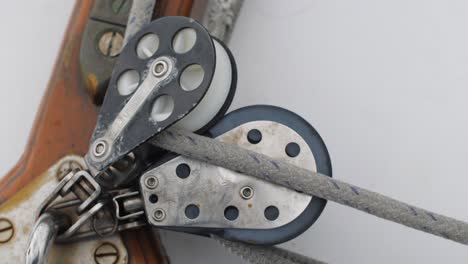 Closeup shot of pulleys and rope on a sail boat
